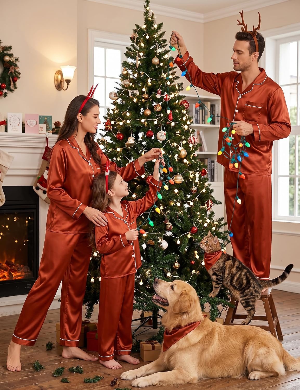 image:imageSWOMOG Family Matching Pajamas Set Silk Satin Button Down Sleepwear Long Sleeve Nightwear 2 Pcs Pj Set SXXLBrown Red