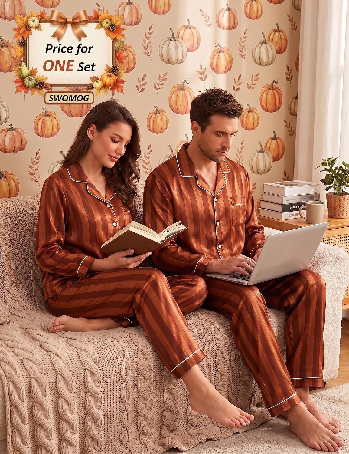 image:imageSWOMOG Family Matching Pajamas Set Silk Satin Button Down Sleepwear Long Sleeve Nightwear 2 Pcs Pj Set SXXLBrown Stripes