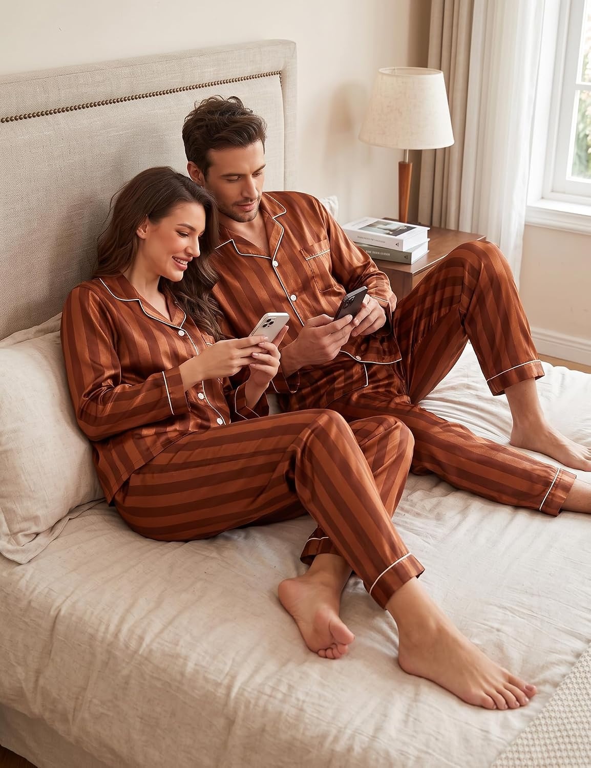 image:imageSWOMOG Family Matching Pajamas Set Silk Satin Button Down Sleepwear Long Sleeve Nightwear 2 Pcs Pj Set SXXLBrown Stripes