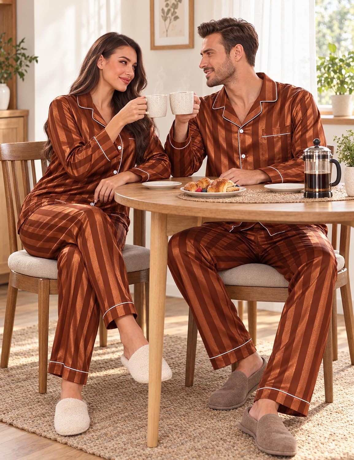 image:imageSWOMOG Family Matching Pajamas Set Silk Satin Button Down Sleepwear Long Sleeve Nightwear 2 Pcs Pj Set SXXLBrown Stripes