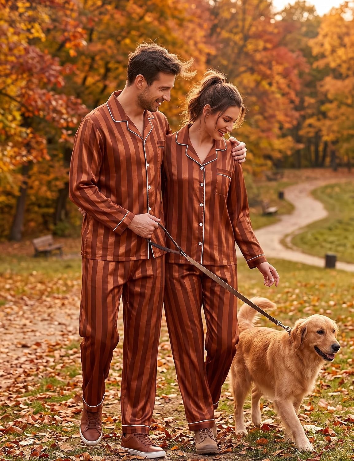 image:imageSWOMOG Family Matching Pajamas Set Silk Satin Button Down Sleepwear Long Sleeve Nightwear 2 Pcs Pj Set SXXLBrown Stripes