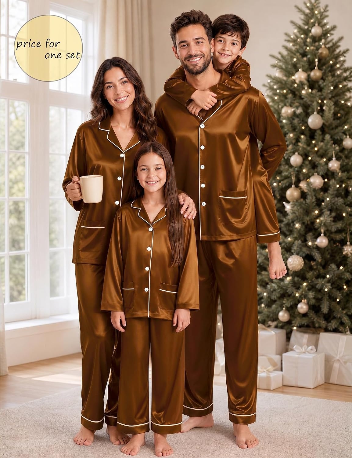 image:imageSWOMOG Matching Family Pajamas Set Women amp Men Silk Satin Pjs 2 Pcs Long Sleeve Button Down Sleepwear with 2 PocketsDeep Brick Red