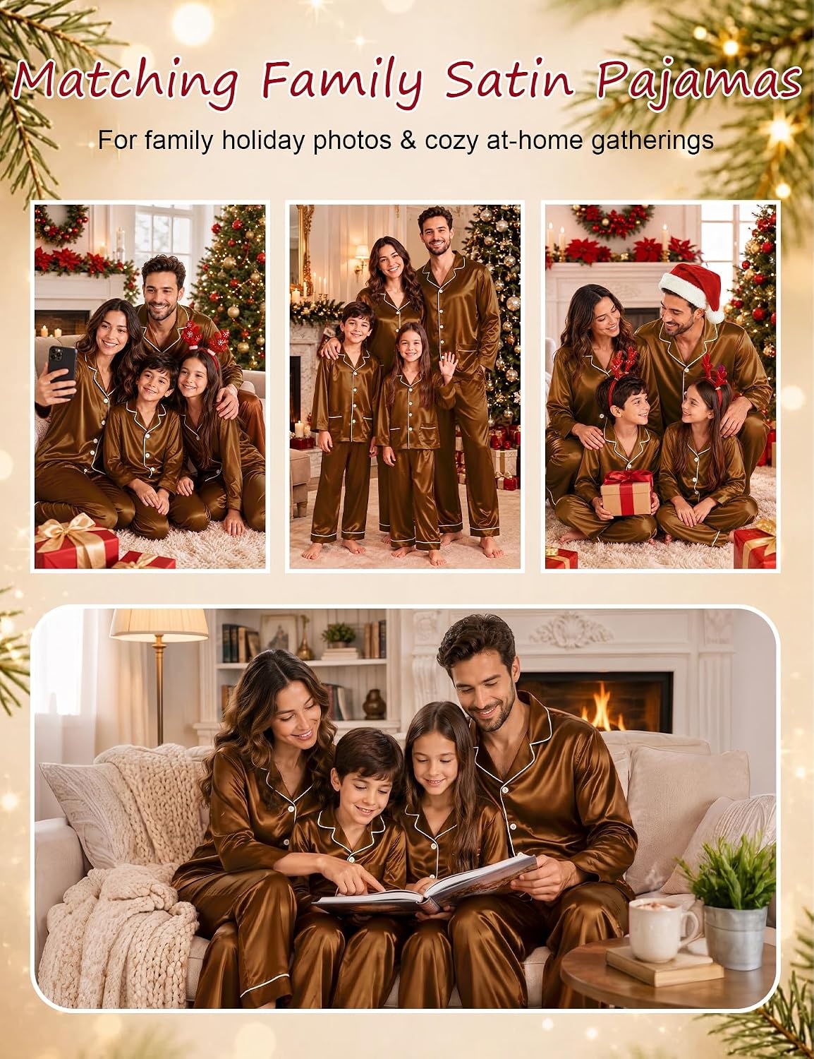 image:imageSWOMOG Matching Family Pajamas Set Women amp Men Silk Satin Pjs 2 Pcs Long Sleeve Button Down Sleepwear with 2 PocketsDeep Brick Red