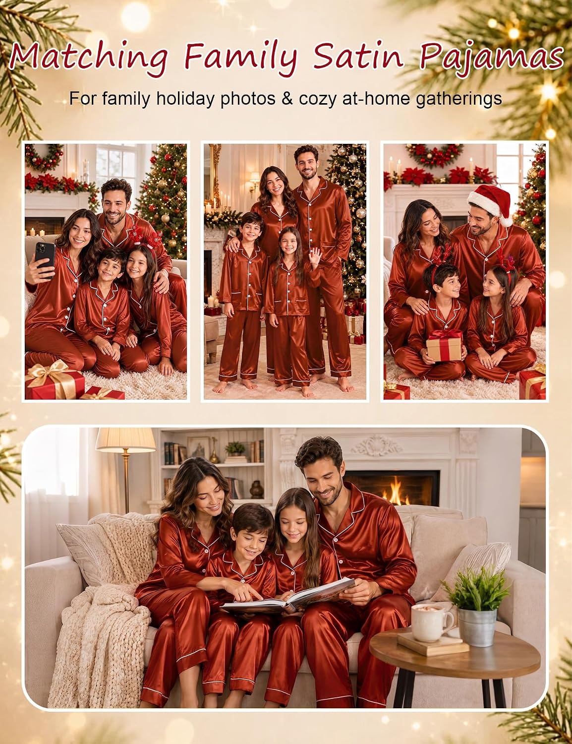 image:imageSWOMOG Matching Family Pajamas Set Women amp Men Silk Satin Pjs 2 Pcs Long Sleeve Button Down Sleepwear with 2 PocketsRust Brown