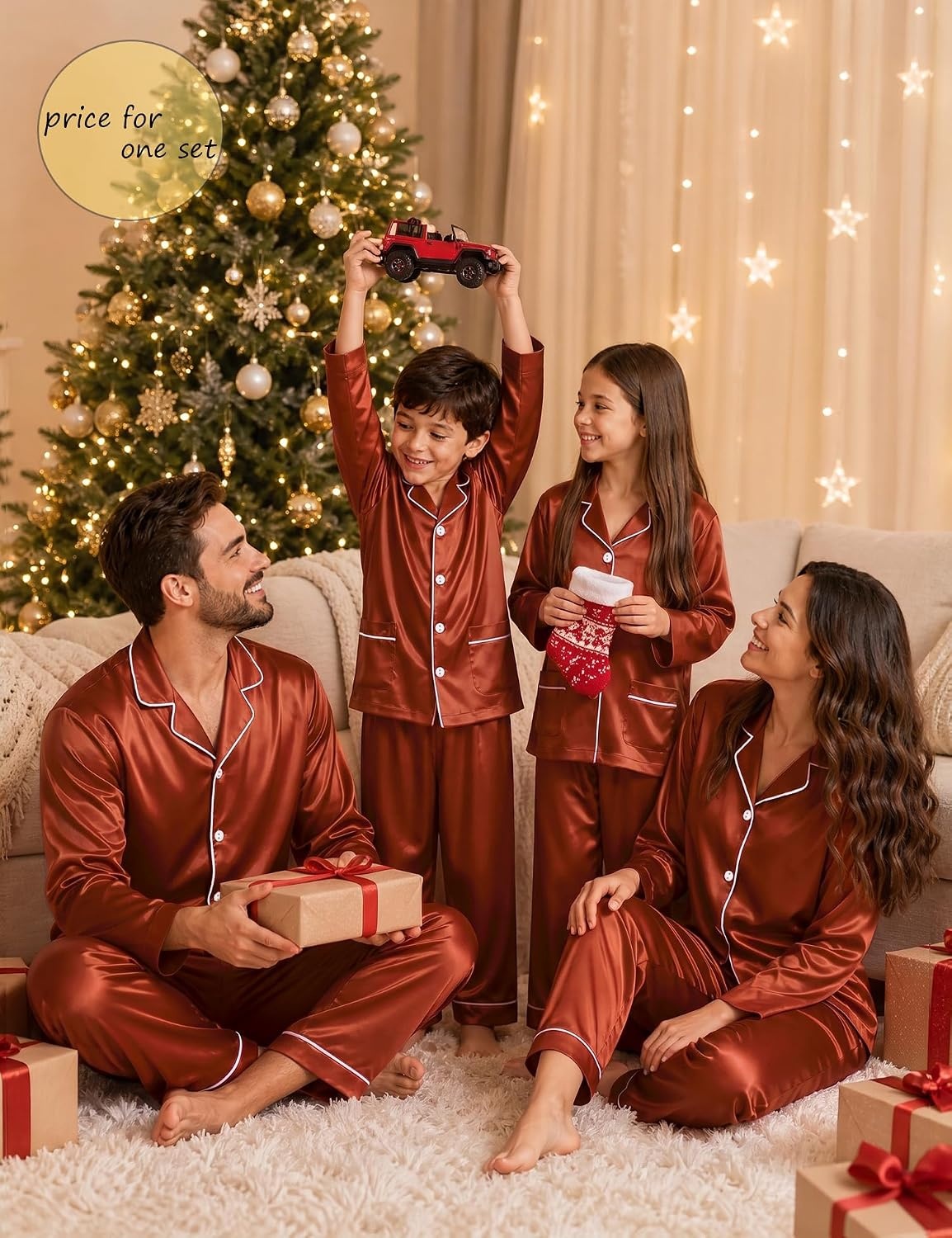 image:imageSWOMOG Matching Family Pajamas Set Women amp Men Silk Satin Pjs 2 Pcs Long Sleeve Button Down Sleepwear with 2 PocketsRust Brown