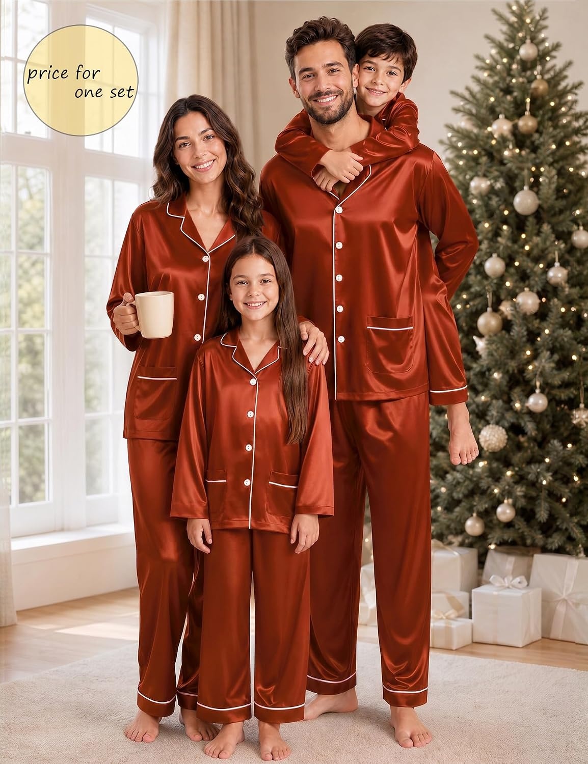 image:imageSWOMOG Matching Family Pajamas Set Women amp Men Silk Satin Pjs 2 Pcs Long Sleeve Button Down Sleepwear with 2 PocketsRust Brown
