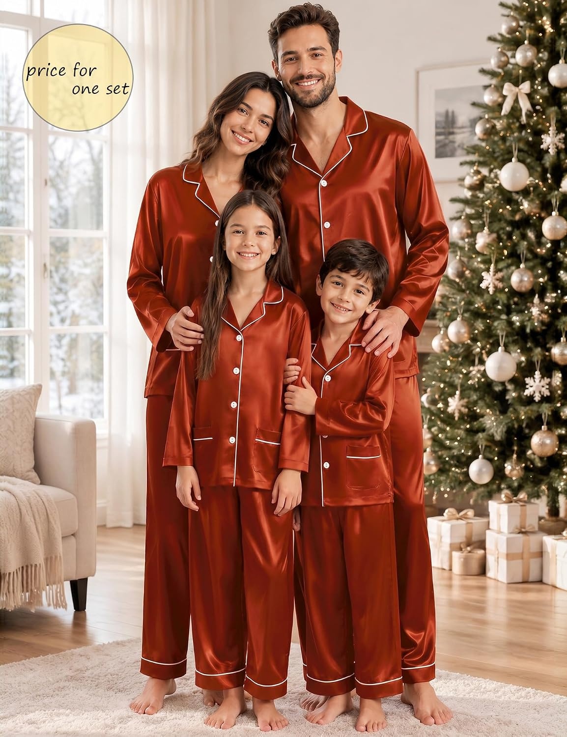image:imageSWOMOG Matching Family Pajamas Set Women amp Men Silk Satin Pjs 2 Pcs Long Sleeve Button Down Sleepwear with 2 PocketsRust Brown