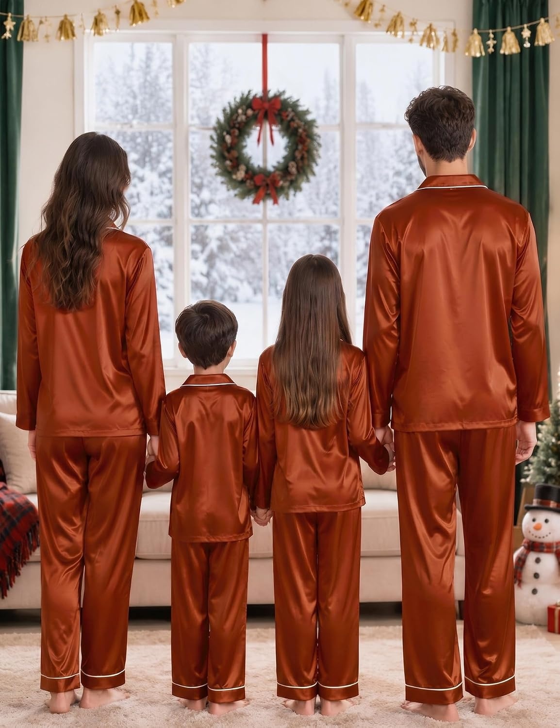 image:imageSWOMOG Matching Family Pajamas Set Women amp Men Silk Satin Pjs 2 Pcs Long Sleeve Button Down Sleepwear with 2 PocketsRust Brown