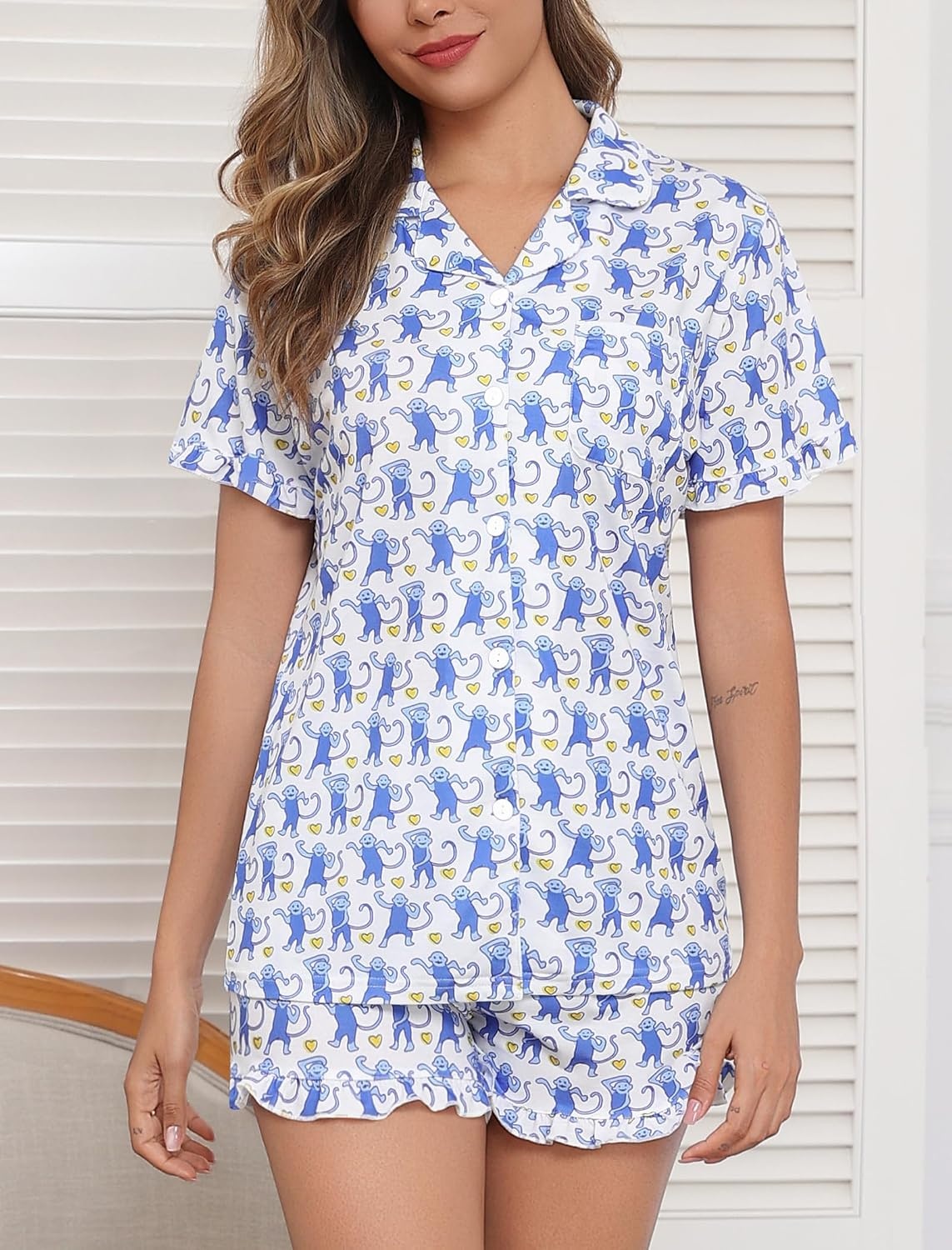 image:imageSWOMOG Woman Pajama Set Short Sleeve 2Pcs Soft Modal Sleepwear Button Down Ruffle Hem Pj Set Loungeset