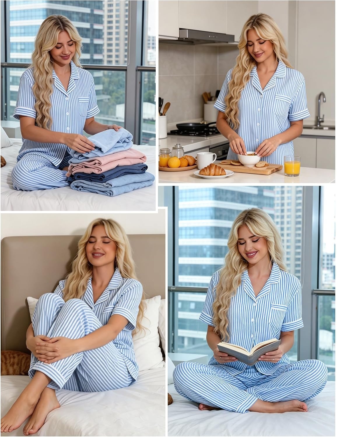 image:imageSWOMOG Womens 2 Piece Pajama Sets Shorts Sleeve Pajamas Cute Pj Set Lounge Matching Pjs Button Shirt with Long PantsLight Blue Striped