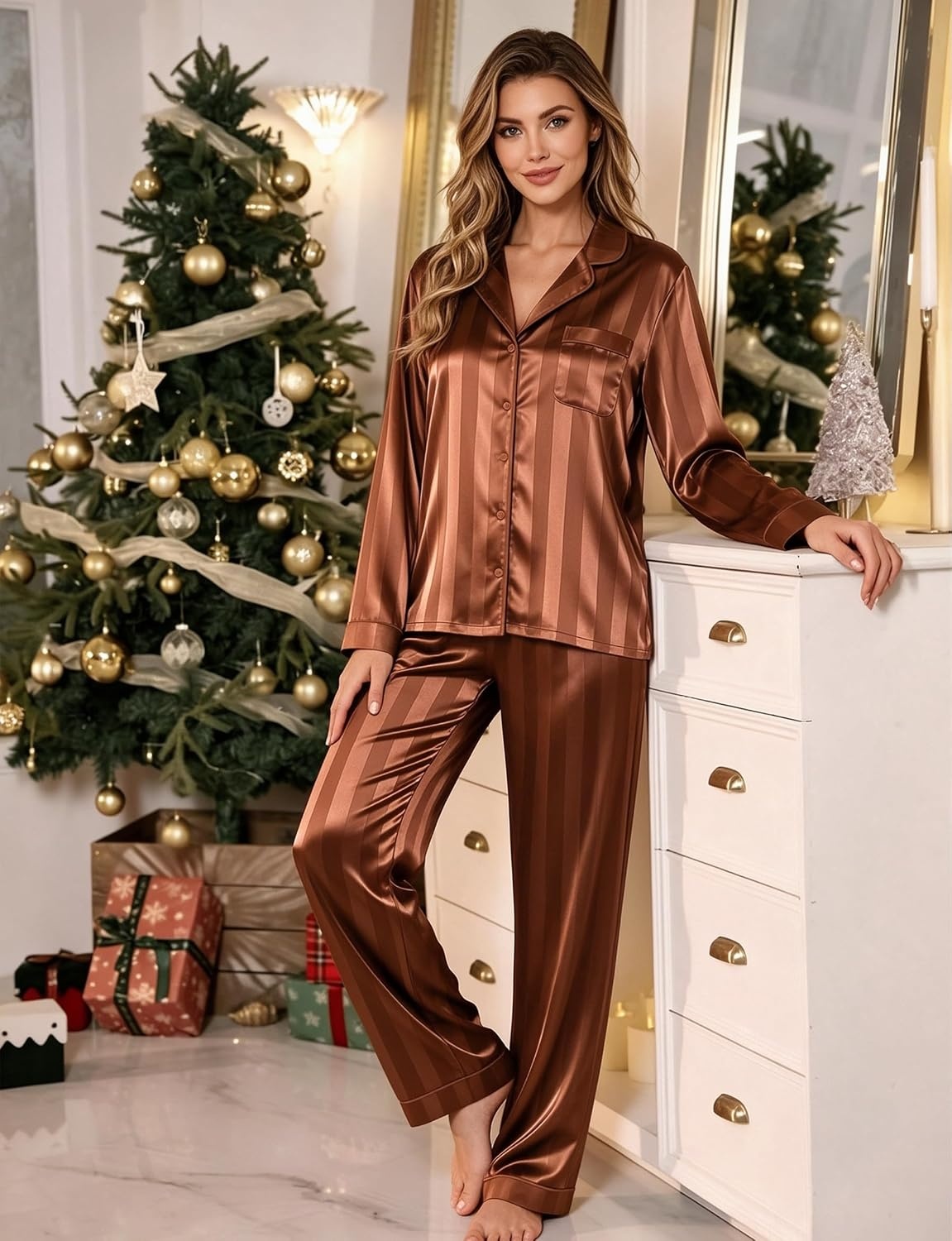 image:imageSWOMOG Womens Silk Satin Pajamas Set Long Sleeve Button Down Sleepwear 2 Piece Lounge Set Pj Set XS3XLBrown Stripe