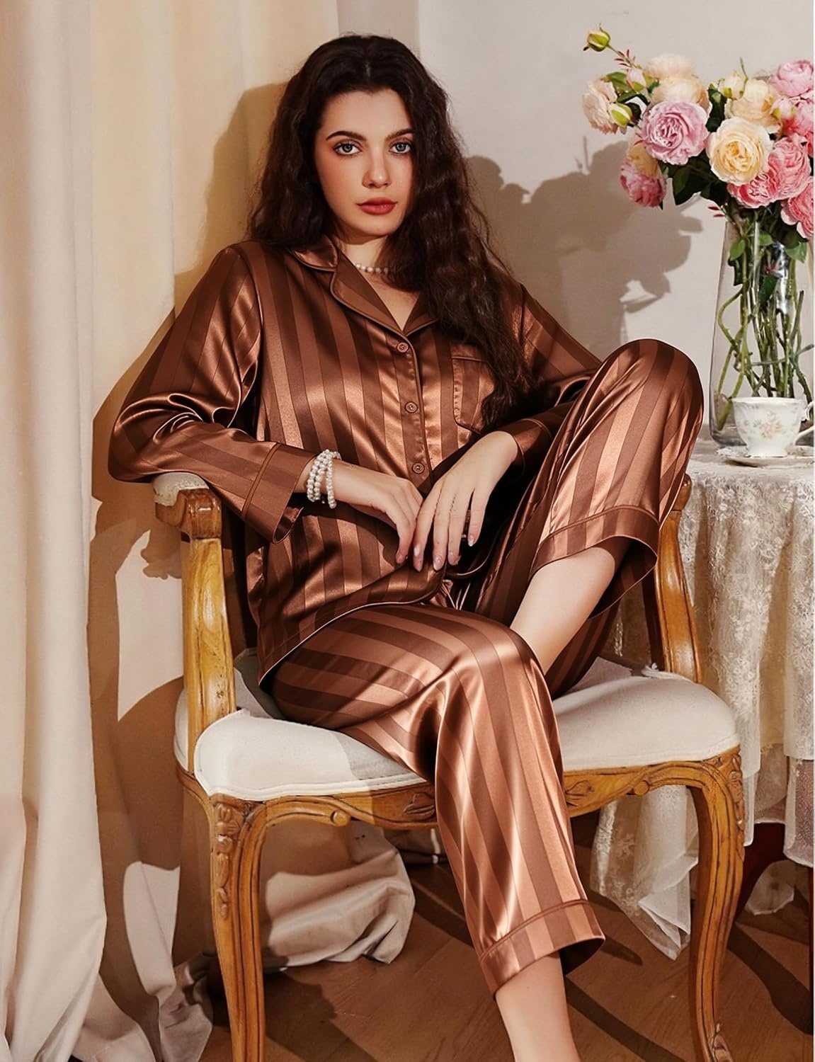 image:imageSWOMOG Womens Silk Satin Pajamas Set Long Sleeve Button Down Sleepwear 2 Piece Lounge Set Pj Set XS3XLBrown Stripe
