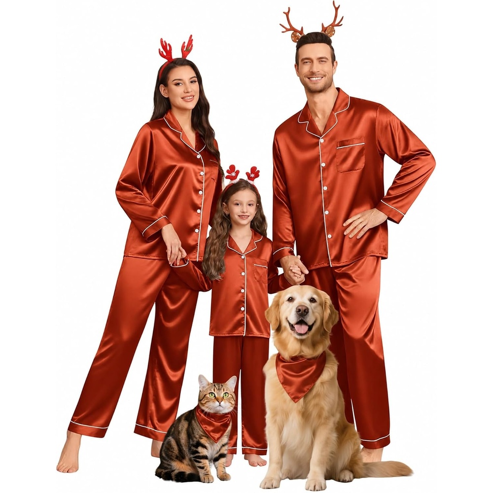 image:imageSWOMOG Family Matching Pajamas Set Silk Satin Button Down Sleepwear Long Sleeve Nightwear 2 Pcs Pj Set SXXLBrown Red