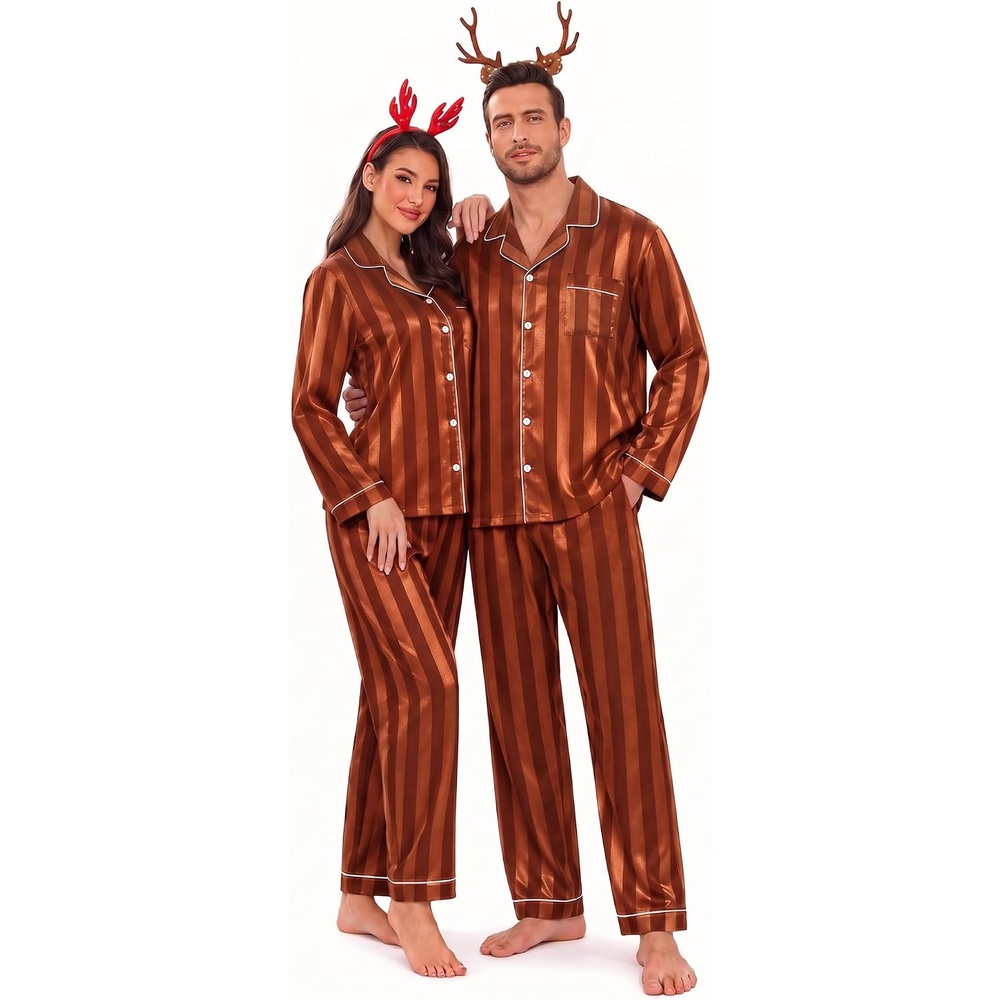 image:imageSWOMOG Family Matching Pajamas Set Silk Satin Button Down Sleepwear Long Sleeve Nightwear 2 Pcs Pj Set SXXLBrown Stripes