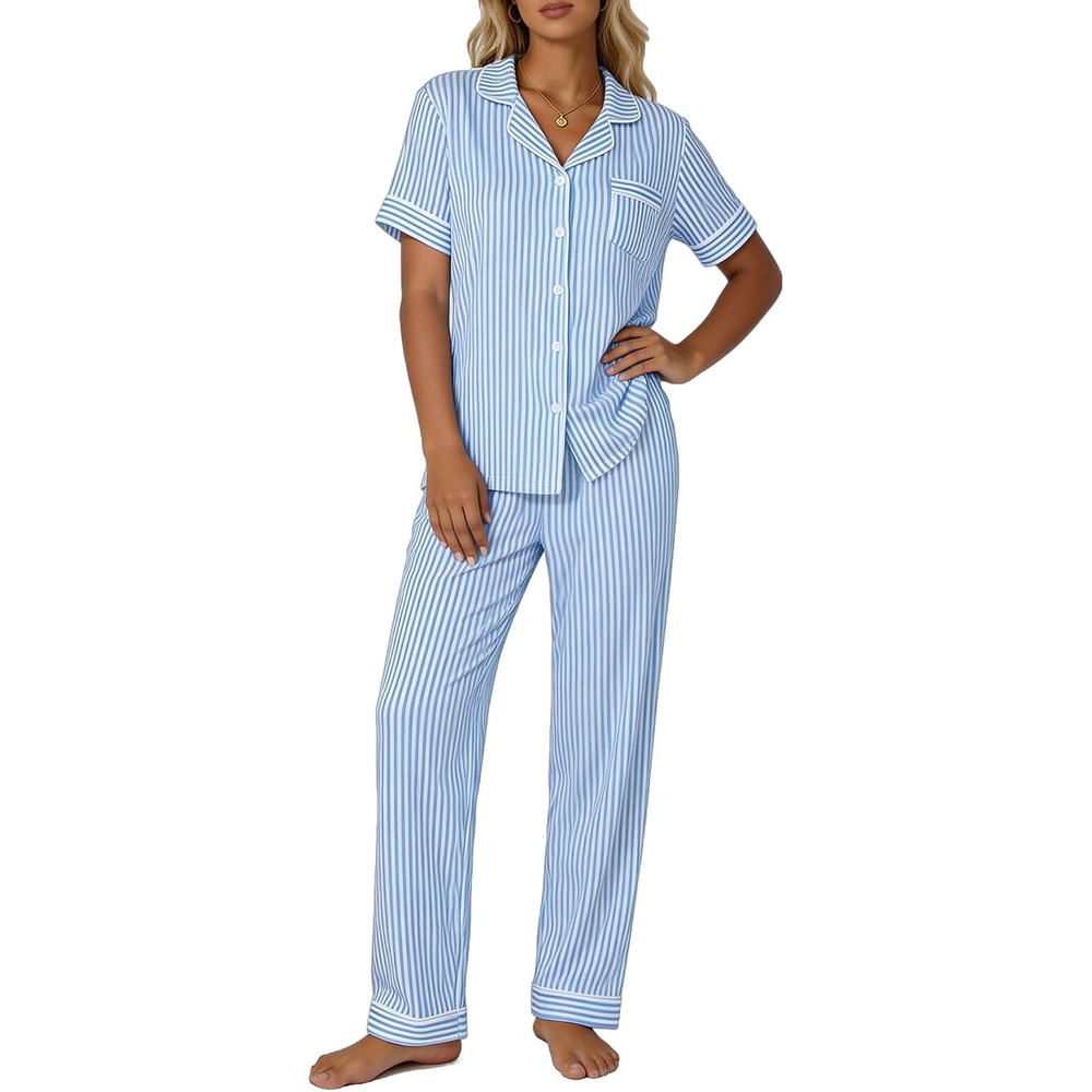 image:imageSWOMOG Womens 2 Piece Pajama Sets Shorts Sleeve Pajamas Cute Pj Set Lounge Matching Pjs Button Shirt with Long PantsLight Blue Striped