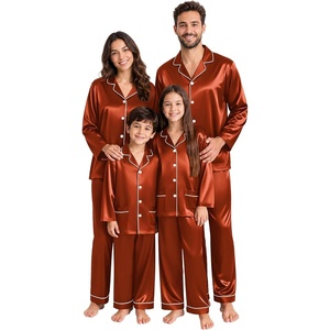 SWOMOG Matching Family Pajamas Set Women & Men Silk Satin Pjs 2 Pcs Long Sleeve Button Down Sleepwear with 2 Pockets(Rust Brown)