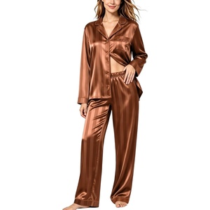 SWOMOG Womens Silk Satin Pajamas Set Long Sleeve Button Down Sleepwear 2 Piece Lounge Set Pj Set XS-3XL(Brown Stripe)