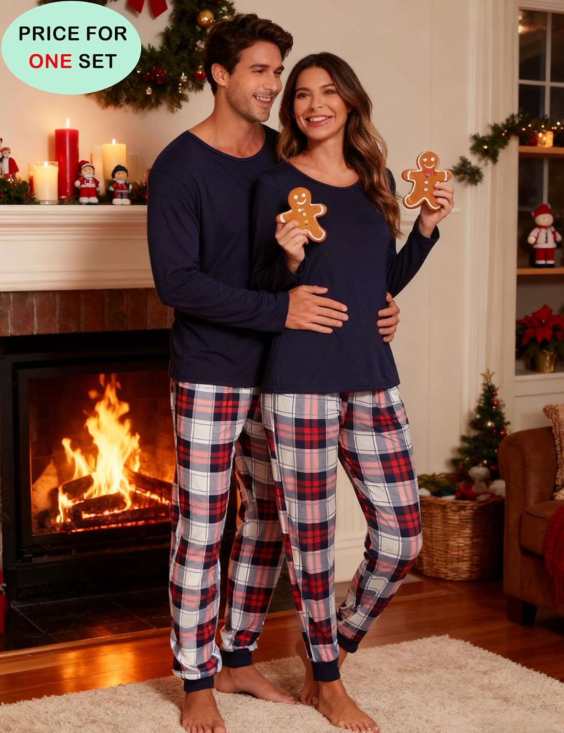 image:imageSWOMOG Christmas Pajamas Set for Couples Long Sleeve Sleepwear Women amp Men Matching Pjs Set Loungewear SetZ Navy Blue Solid Top