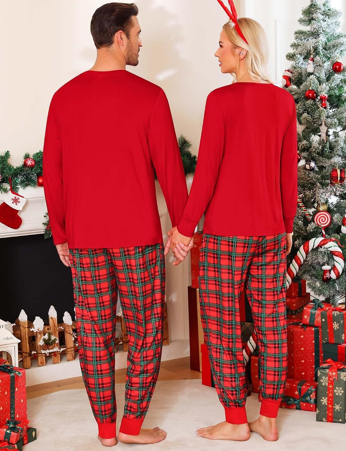 image:imageSWOMOG Family Christmas Matching Pajamas Set Long Sleeve Plaid Pajamas for Men Pjs Set Soft 2 PCS Loungewear Red Green Plaid M