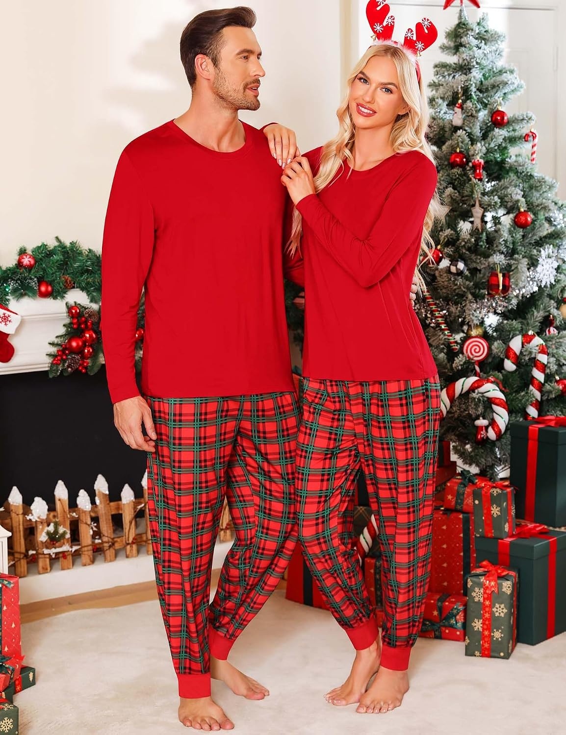 image:imageSWOMOG Family Christmas Matching Pajamas Set Long Sleeve Plaid Pajamas for Men Pjs Set Soft 2 PCS Loungewear Red Green Plaid M