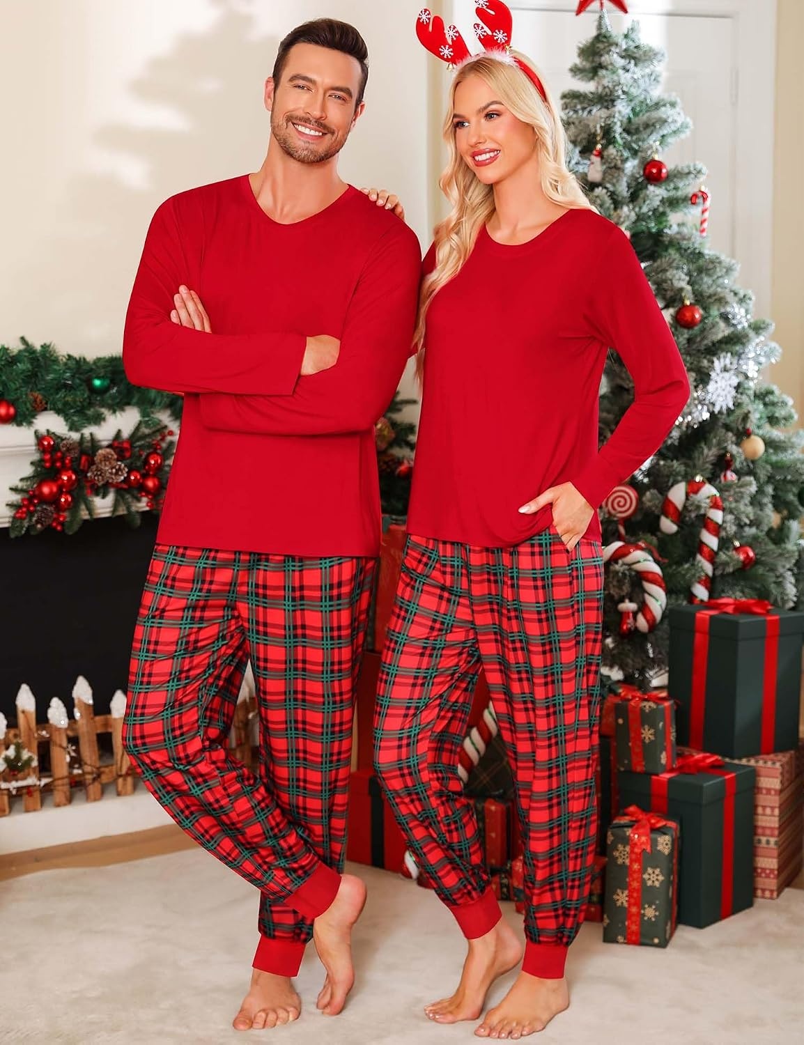 image:imageSWOMOG Family Christmas Matching Pajamas Set Long Sleeve Plaid Pajamas for Men Pjs Set Soft 2 PCS Loungewear Red Green Plaid M