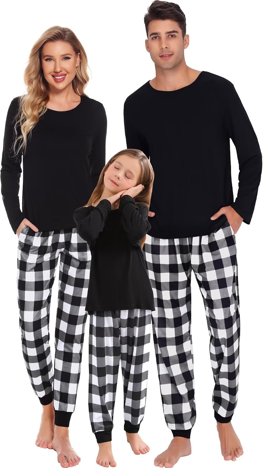 image:imageSWOMOG Family Christmas Matching Pajamas Set Long Sleeve Plaid Pajamas for Women Pjs Set Soft 2 PCS Loungewear White Plaid XXL