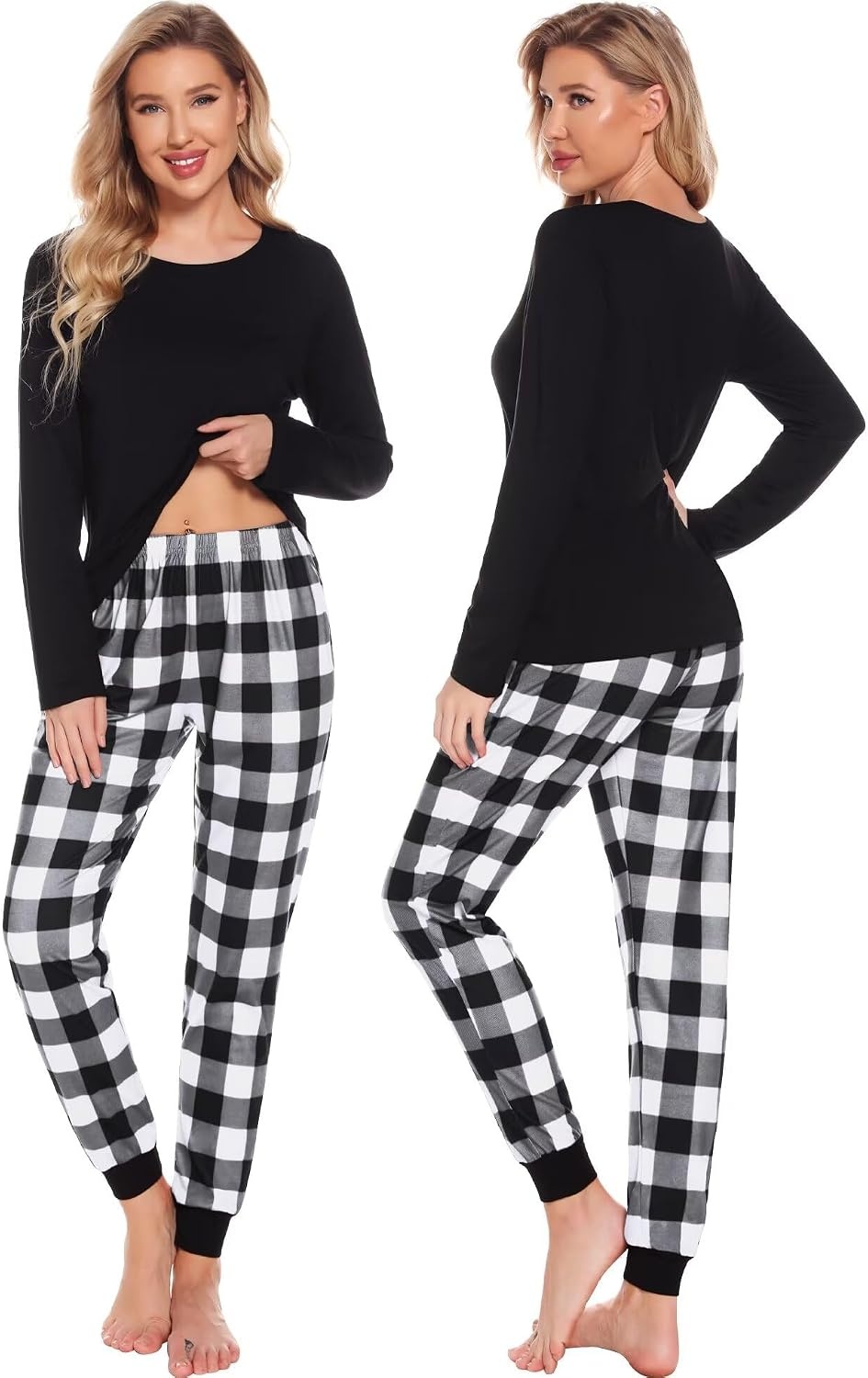 image:imageSWOMOG Family Christmas Matching Pajamas Set Long Sleeve Plaid Pajamas for Women Pjs Set Soft 2 PCS Loungewear White Plaid XXL