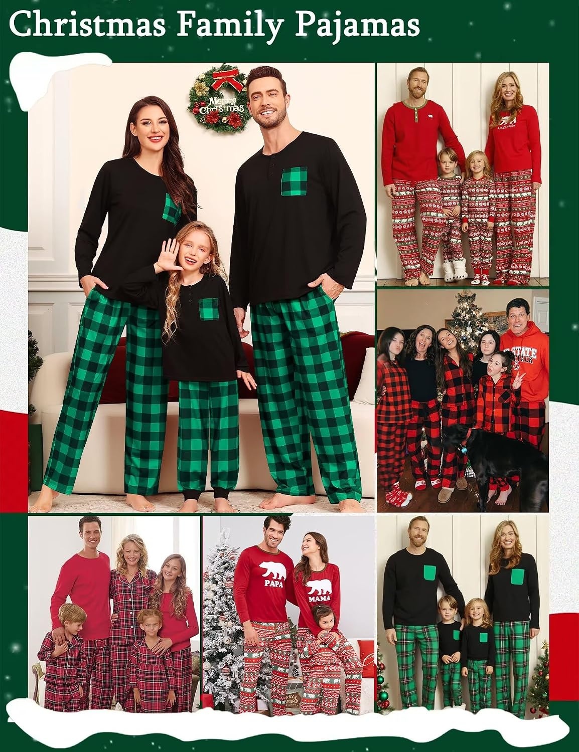 image:imageSWOMOG Family Christmas Matching Pajamas Set WomenMenKids Modal Pajama 2 PCS Long Sleeve Sleepwear Sets with Pockets Kids Green Black Plaid 120 CM