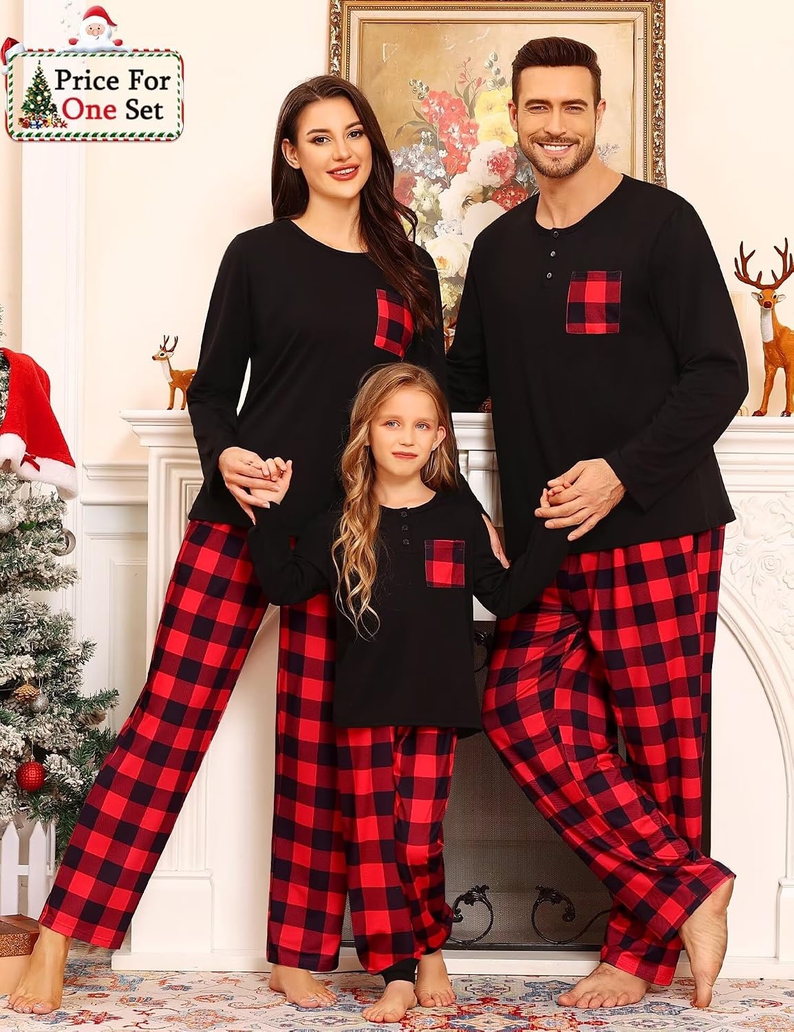 image:imageSWOMOG Family Christmas Matching Pajamas Set WomenMenKids Modal Pajama 2 PCS Long Sleeve Sleepwear Sets with Pockets Kids Red Black Plaid 160 CM