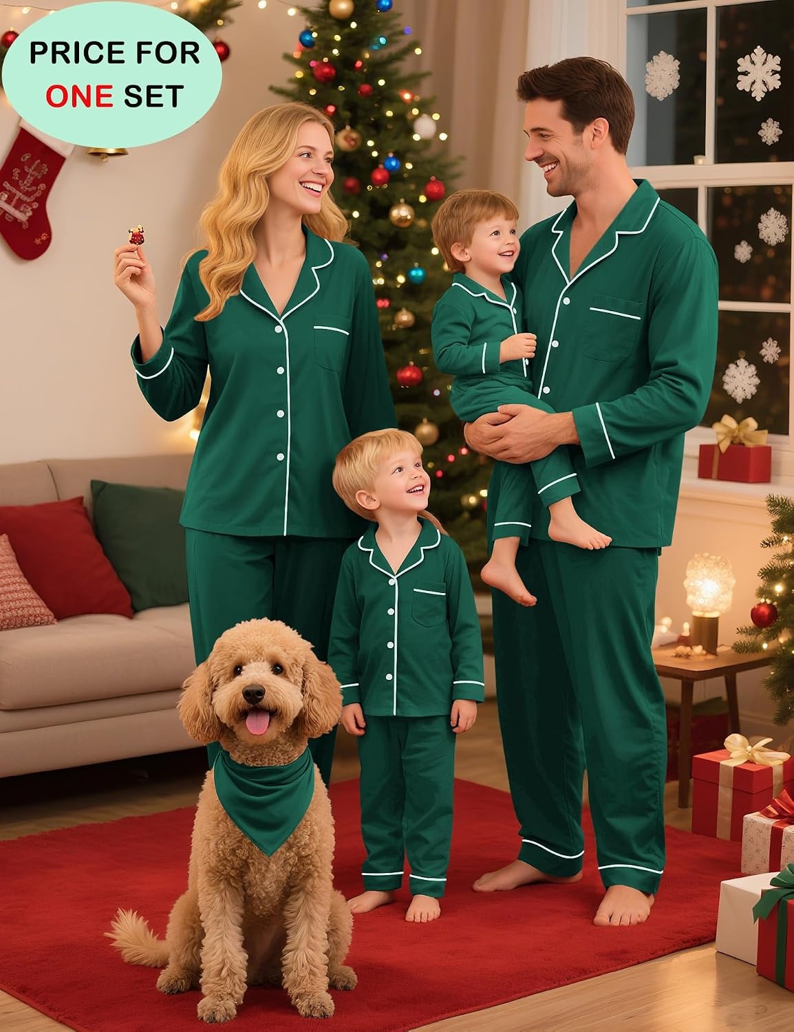 image:imageSWOMOG Family Christmas Pajamas Set Long Sleeve Sleepwear Sets Button Down Loungewear Set Party Holiday Pjs SetsChristmas Green