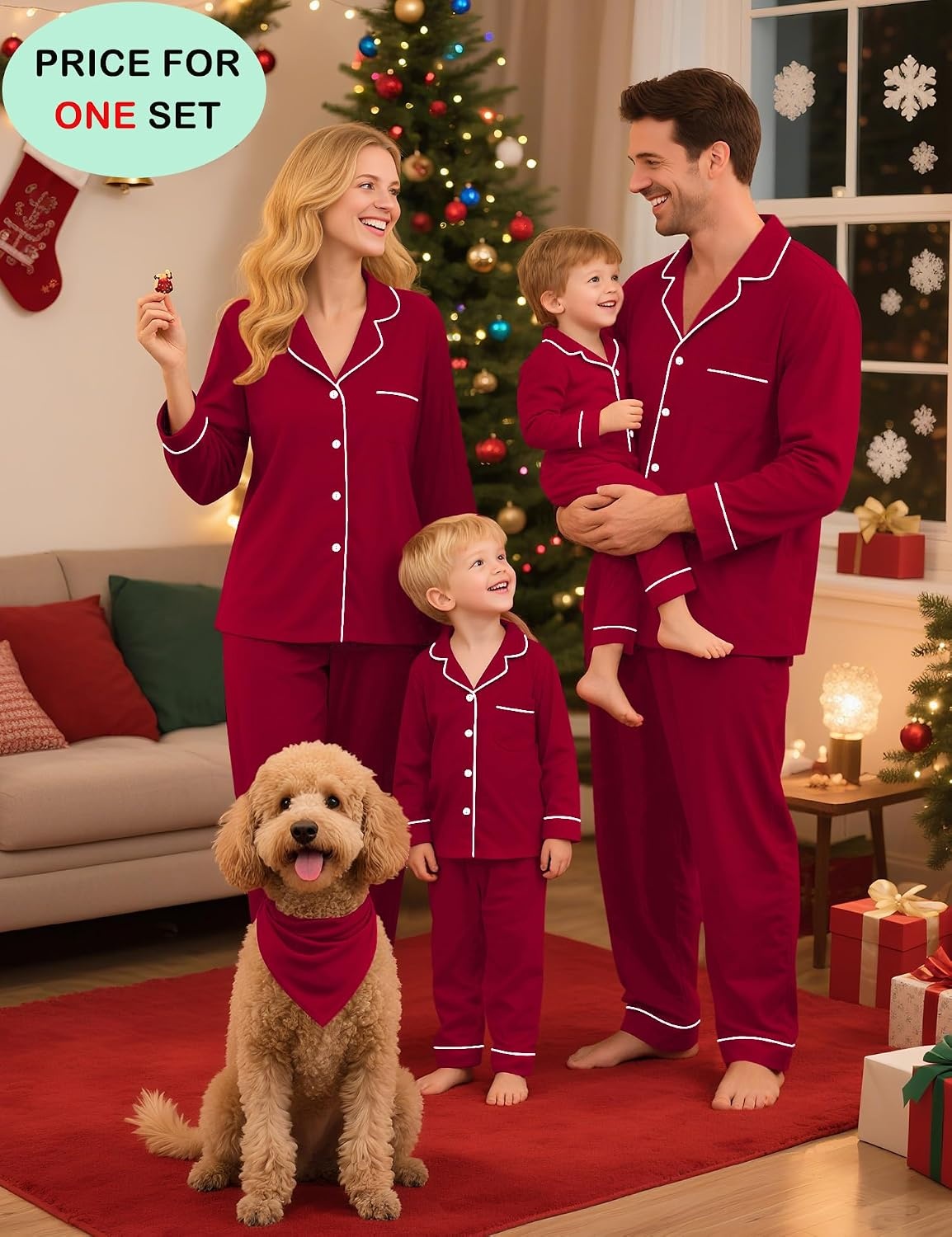 image:imageSWOMOG Family Christmas Pajamas Set Long Sleeve Sleepwear Sets Button Down Loungewear Set Party Holiday Pjs SetsWine Red