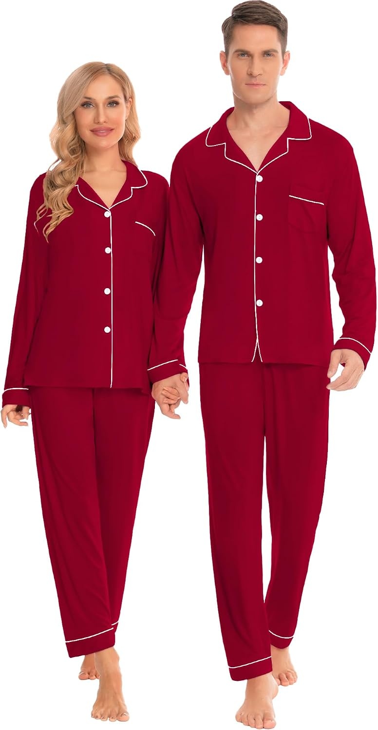 image:imageSWOMOG Family Christmas Pajamas Set Long Sleeve Sleepwear Sets Button Down Loungewear Set Party Holiday Pjs SetsWine Red
