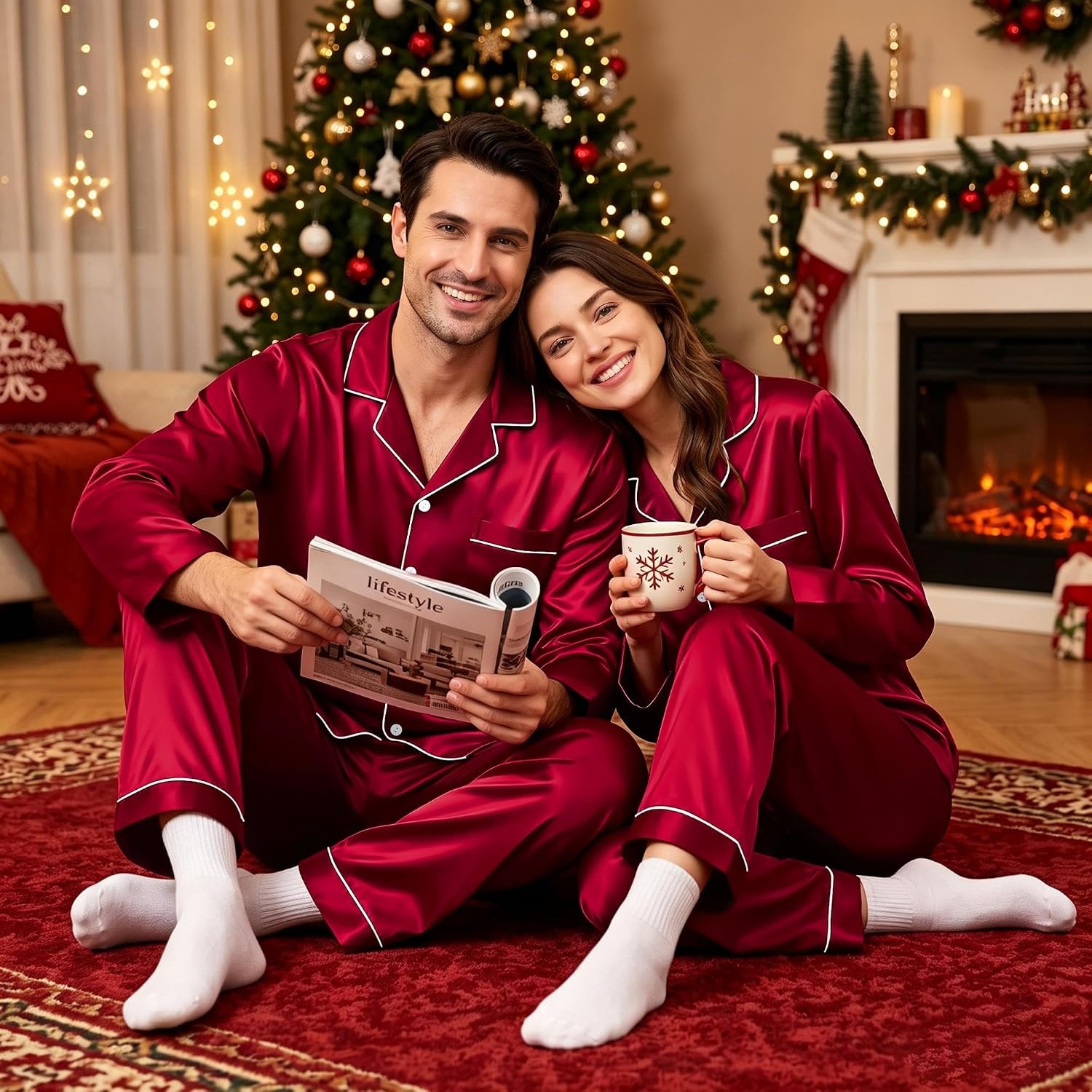 image:imageSWOMOG Family Matching Pajamas Set 2Piece Silk Satin Sleepwear LoungewearBurgundy