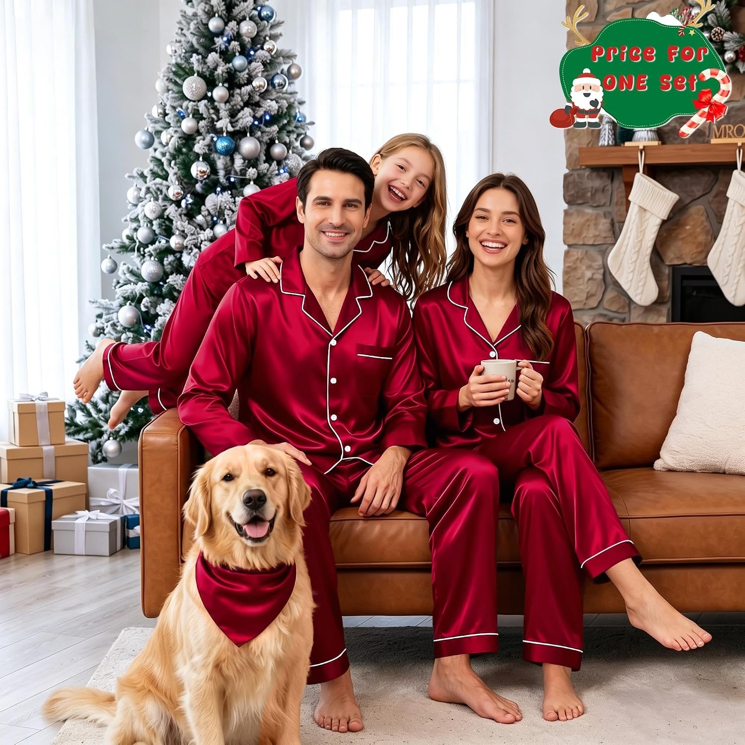 image:imageSWOMOG Family Matching Pajamas Set 2Piece Silk Satin Sleepwear LoungewearBurgundy
