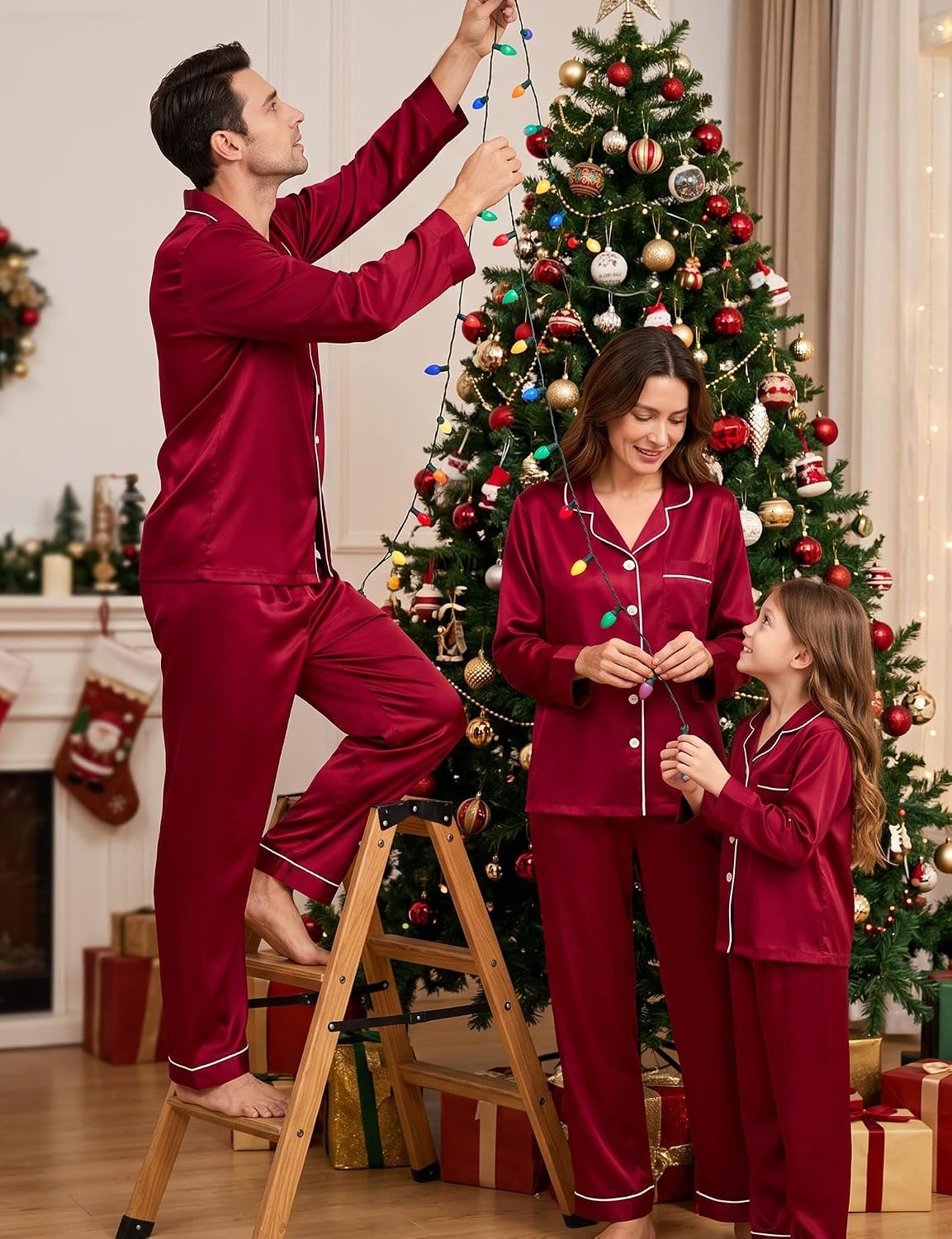 image:imageSWOMOG Family Matching Pajamas Set 2Piece Silk Satin Sleepwear LoungewearBurgundy