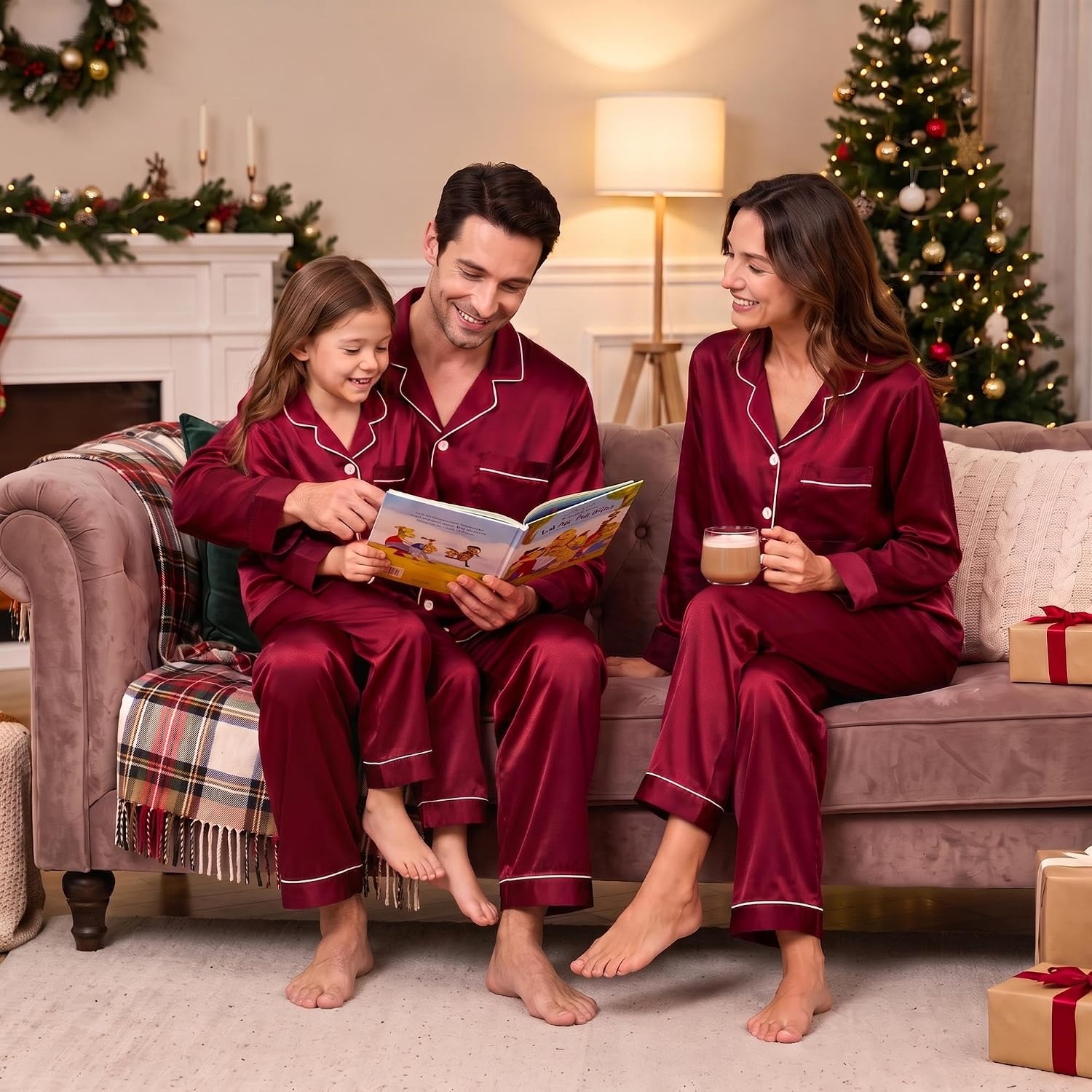 image:imageSWOMOG Family Matching Pajamas Set 2Piece Silk Satin Sleepwear LoungewearBurgundy