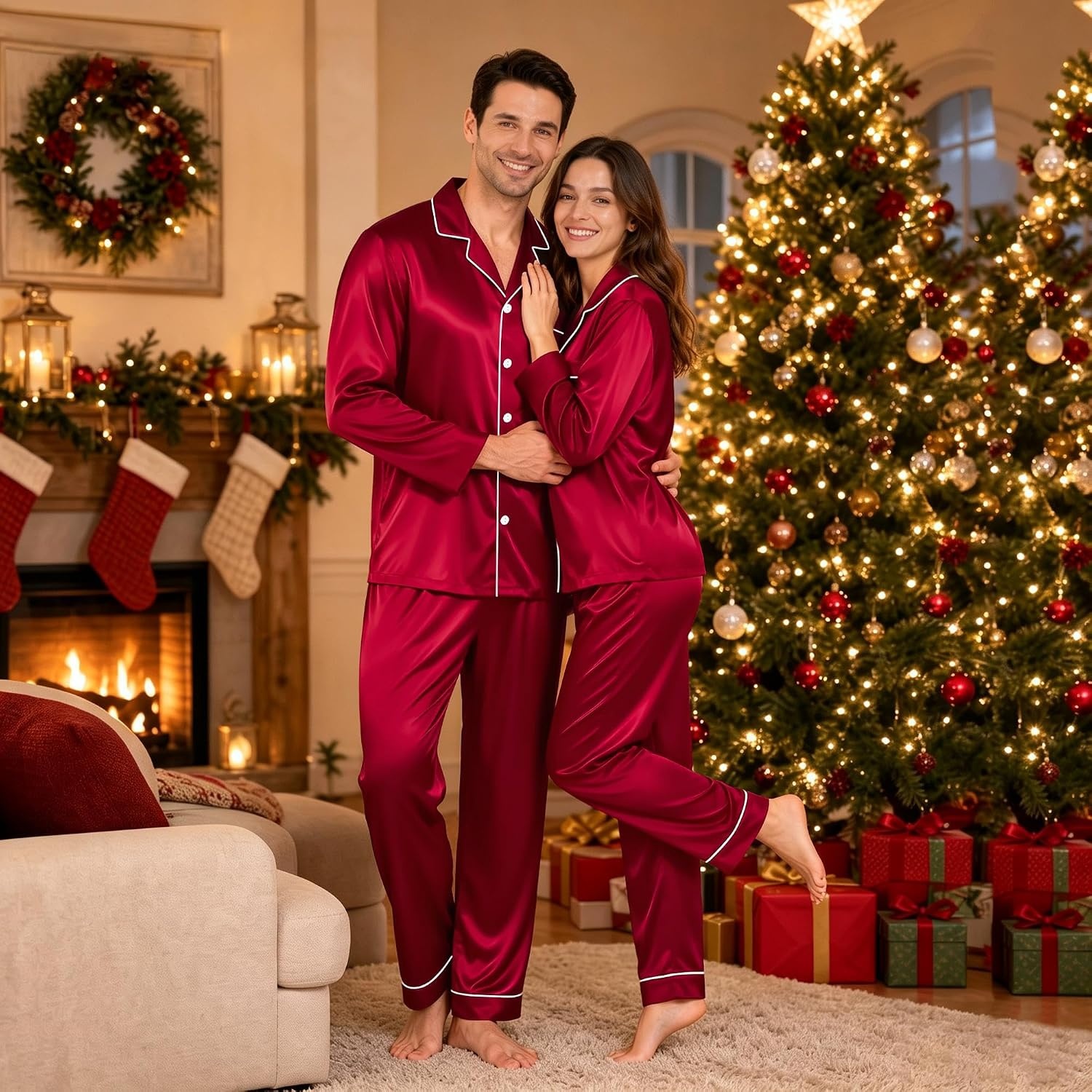 image:imageSWOMOG Family Matching Pajamas Set 2Piece Silk Satin Sleepwear LoungewearBurgundy