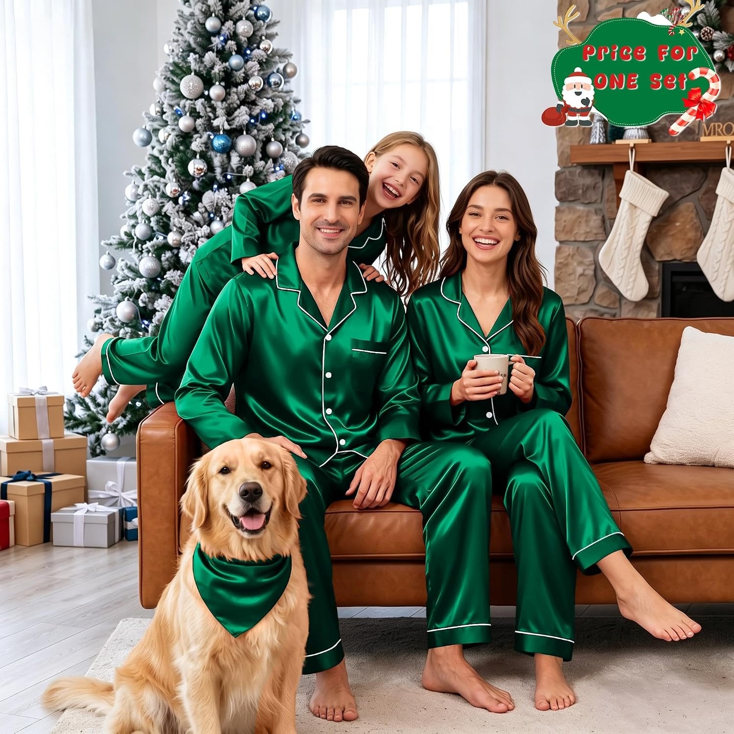 image:imageSWOMOG Family Matching Pajamas Set 2Piece Silk Satin Sleepwear LoungewearEmerald Green