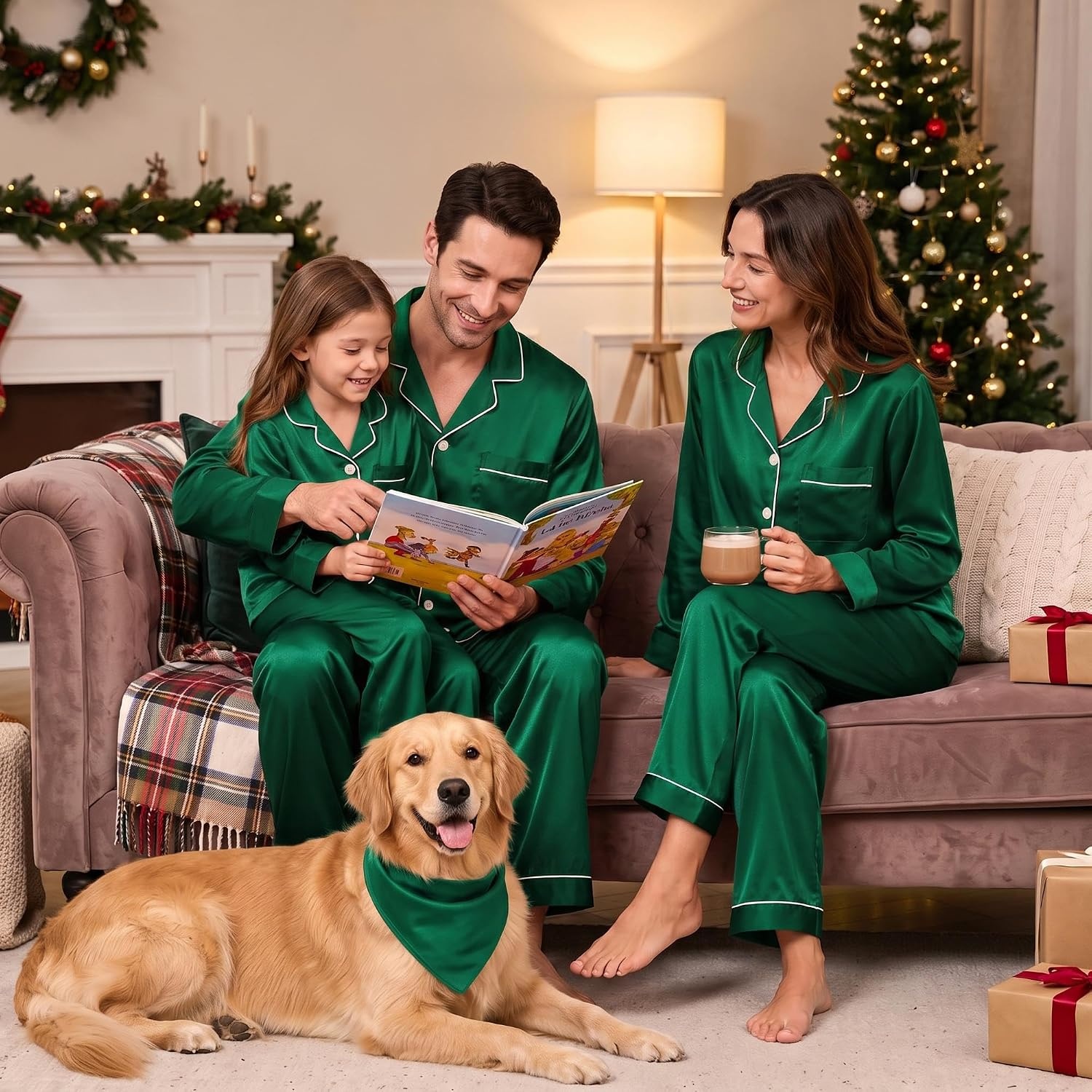image:imageSWOMOG Family Matching Pajamas Set 2Piece Silk Satin Sleepwear LoungewearEmerald Green
