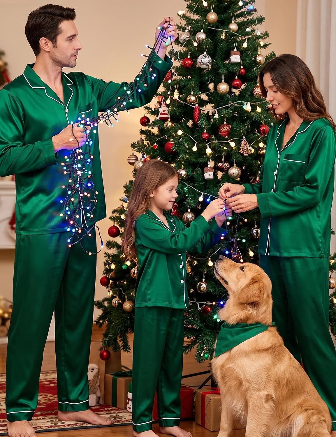 image:imageSWOMOG Family Matching Pajamas Set 2Piece Silk Satin Sleepwear LoungewearEmerald Green