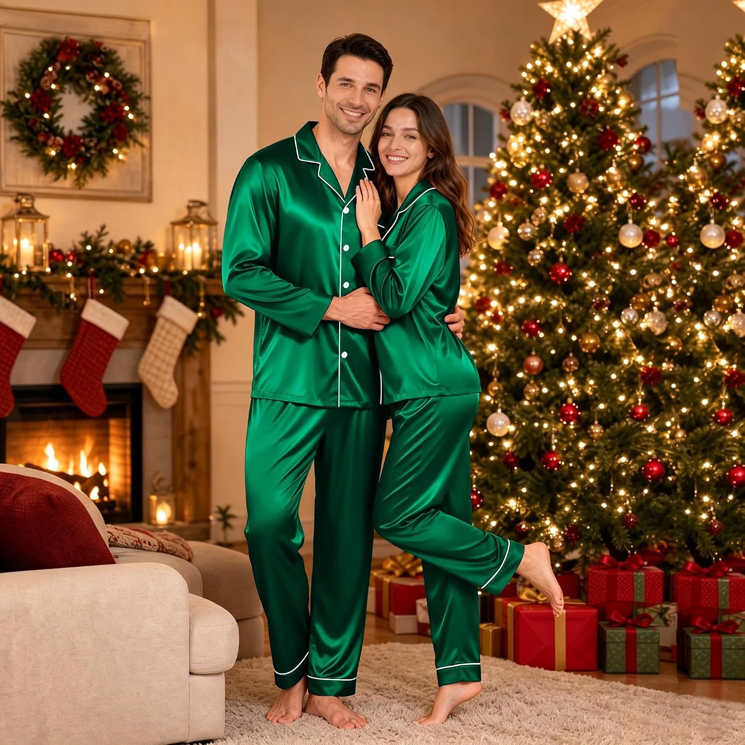 image:imageSWOMOG Family Matching Pajamas Set 2Piece Silk Satin Sleepwear LoungewearEmerald Green