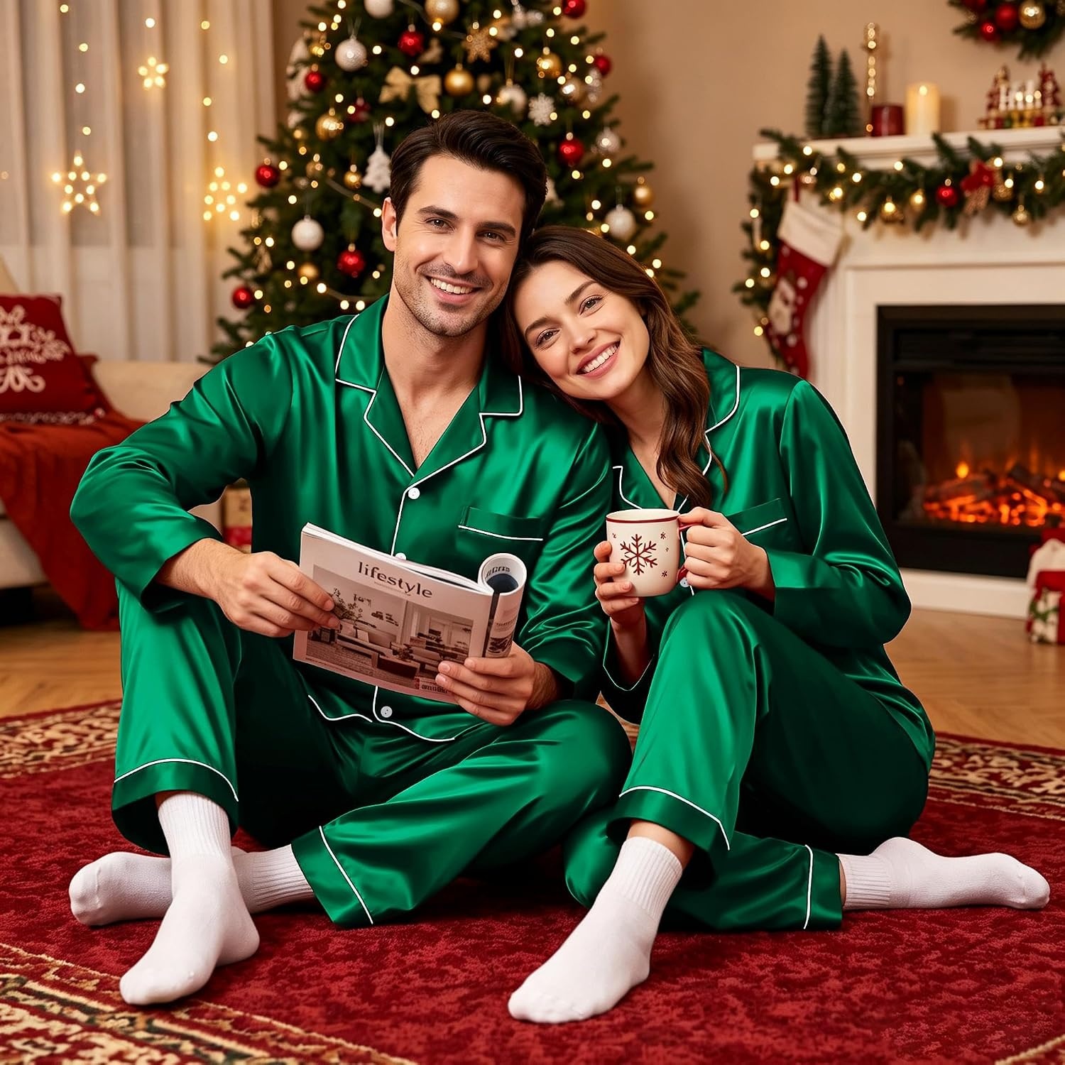 image:imageSWOMOG Family Matching Pajamas Set 2Piece Silk Satin Sleepwear LoungewearEmerald Green