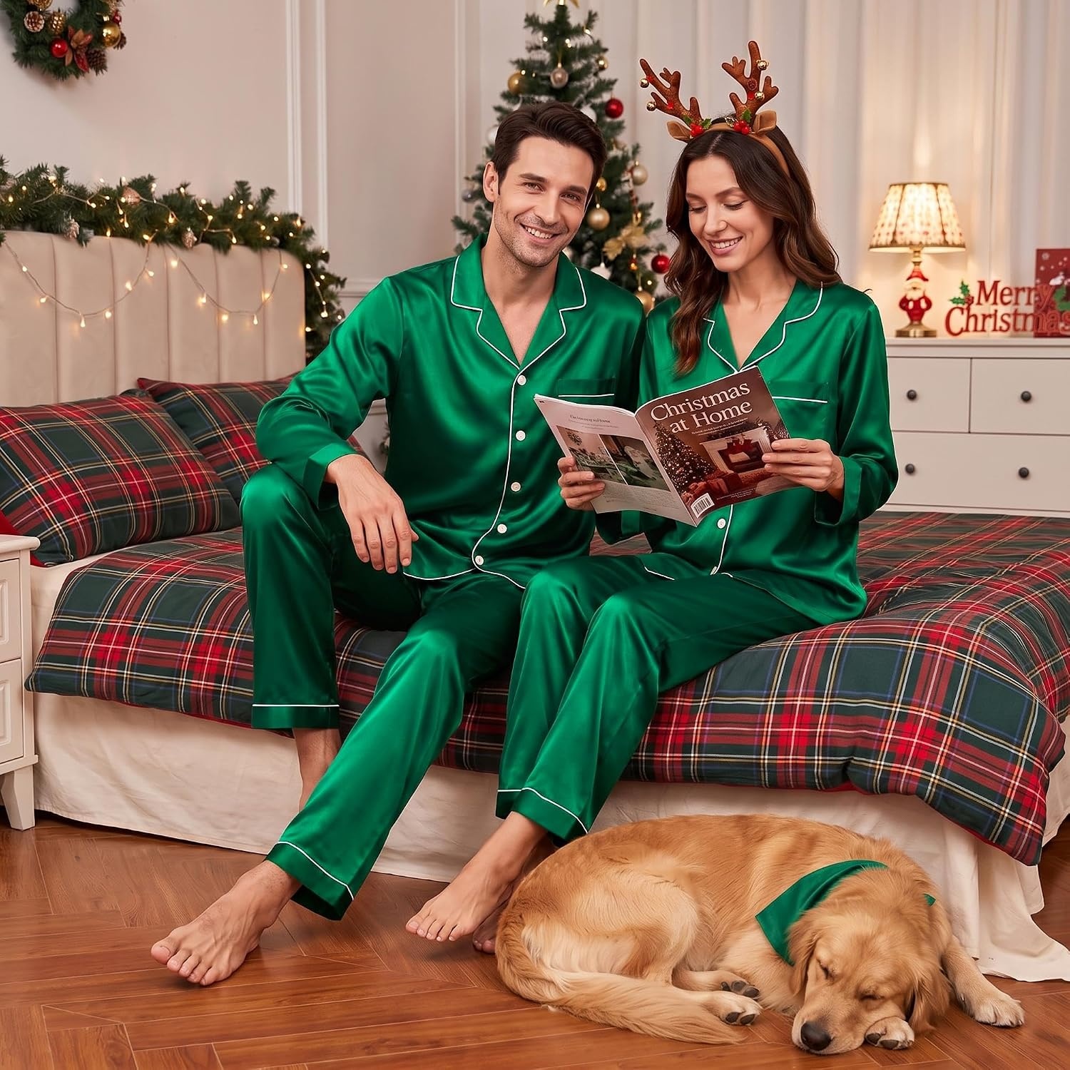 image:imageSWOMOG Family Matching Pajamas Set 2Piece Silk Satin Sleepwear LoungewearEmerald Green