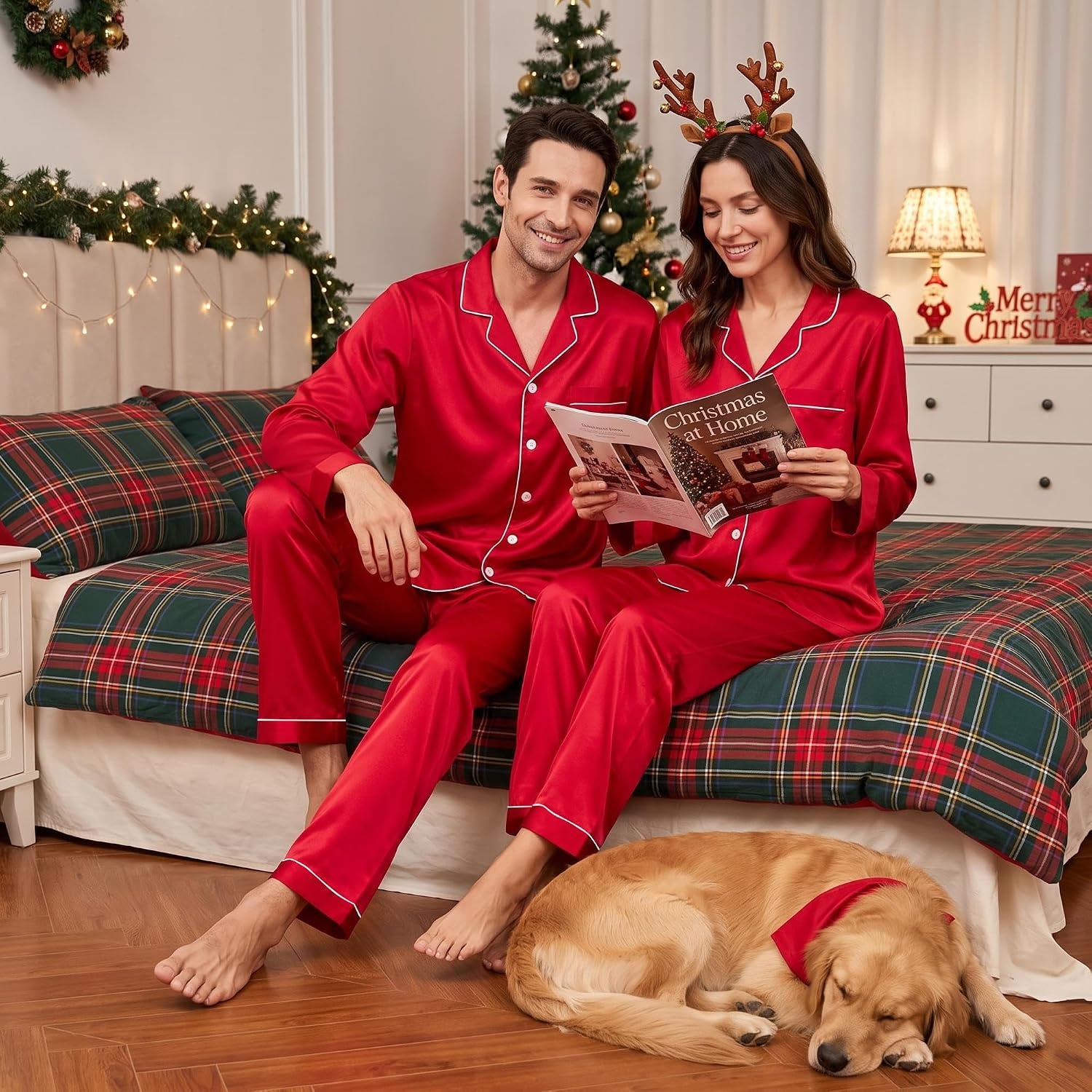 image:imageSWOMOG Family Matching Pajamas Set 2Piece Silk Satin Sleepwear LoungewearRed