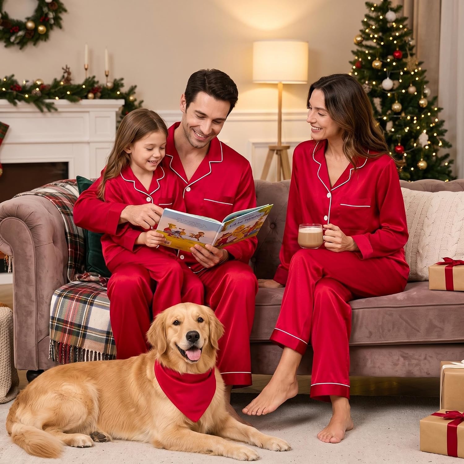 image:imageSWOMOG Family Matching Pajamas Set 2Piece Silk Satin Sleepwear LoungewearRed