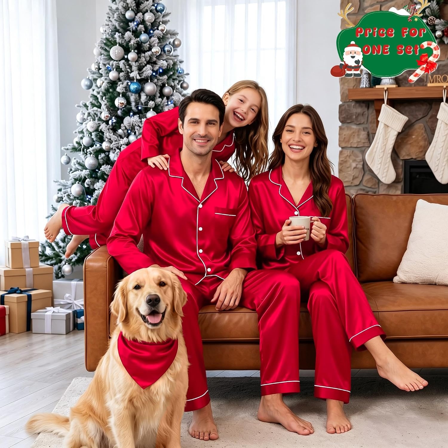 image:imageSWOMOG Family Matching Pajamas Set 2Piece Silk Satin Sleepwear LoungewearRed