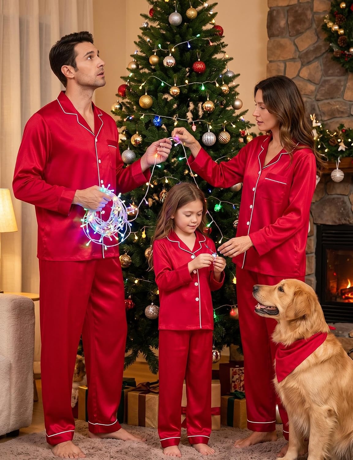 image:imageSWOMOG Family Matching Pajamas Set 2Piece Silk Satin Sleepwear LoungewearRed