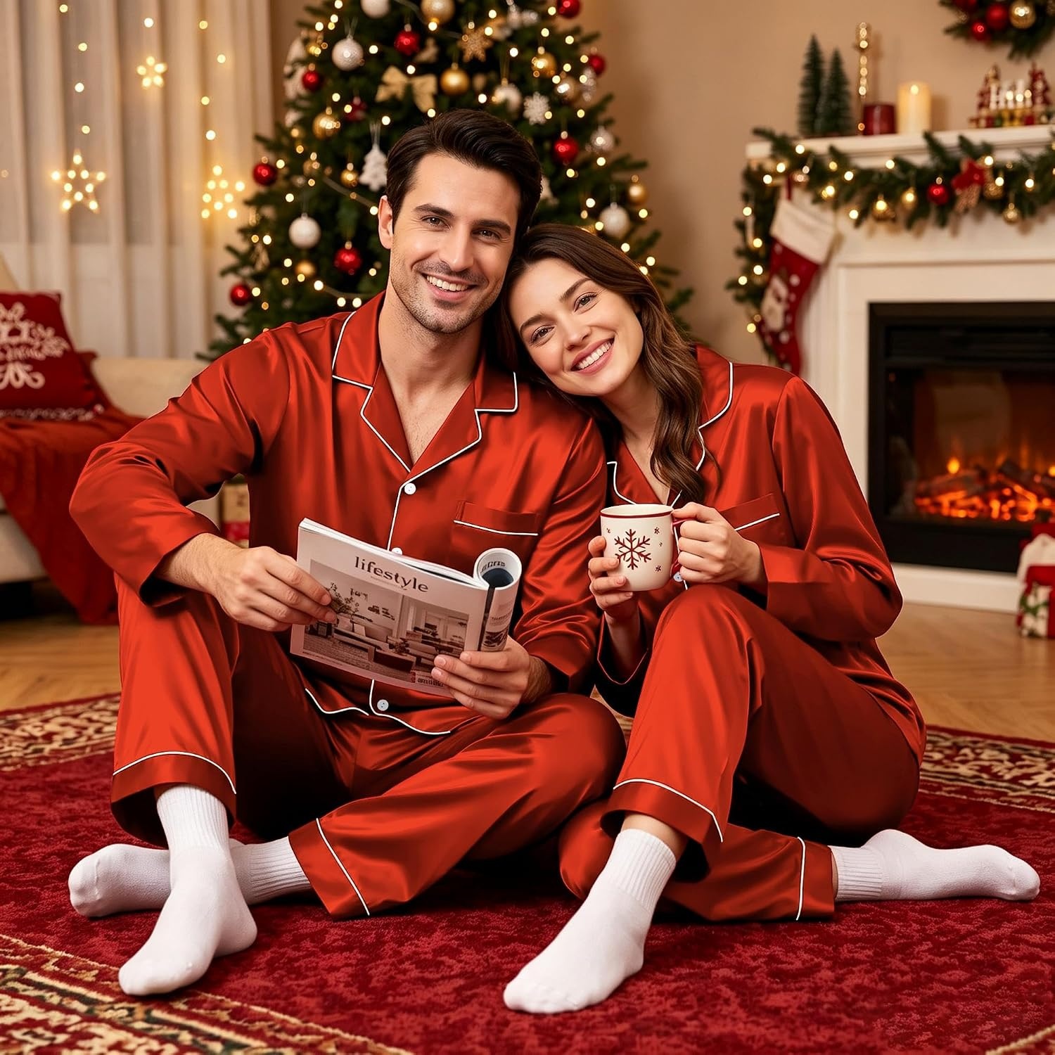 image:imageSWOMOG Family Matching Pajamas Set 2Piece Silk Satin Sleepwear LoungewearRusset Brown