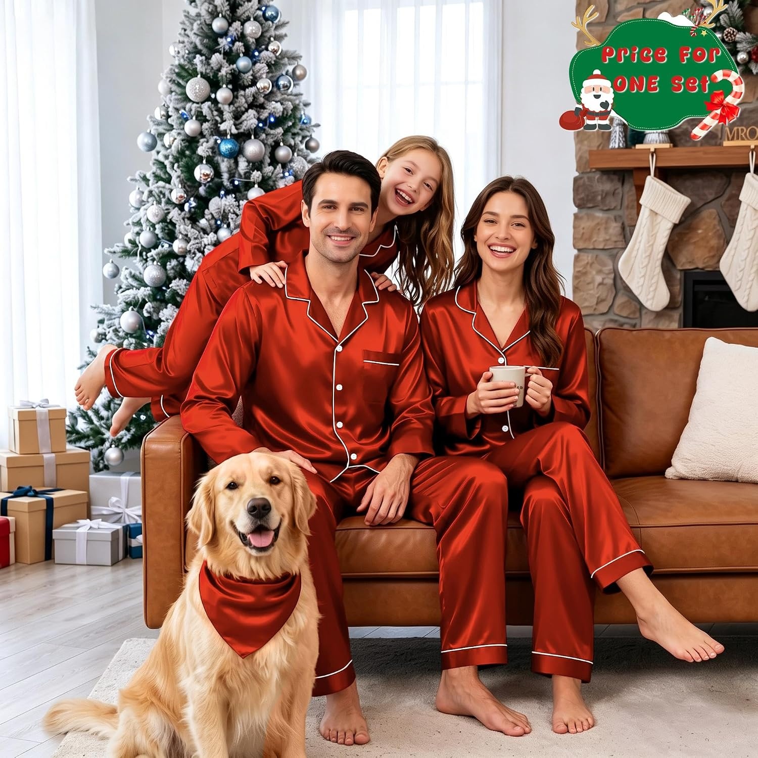 image:imageSWOMOG Family Matching Pajamas Set 2Piece Silk Satin Sleepwear LoungewearRusset Brown