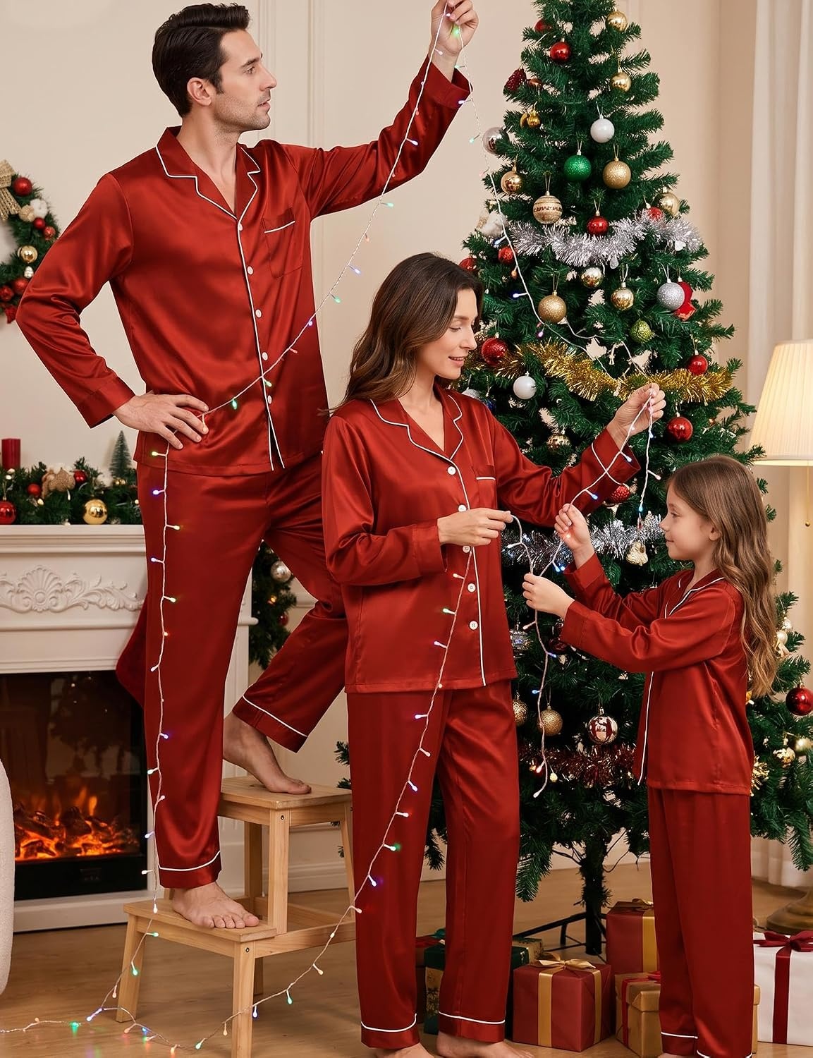 image:imageSWOMOG Family Matching Pajamas Set 2Piece Silk Satin Sleepwear LoungewearRusset Brown